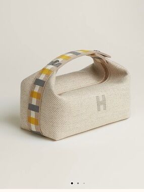 Hermes Cream BRIDE -A - BRAC Cosmetic Pouch with Yellow and Gray Check Handle